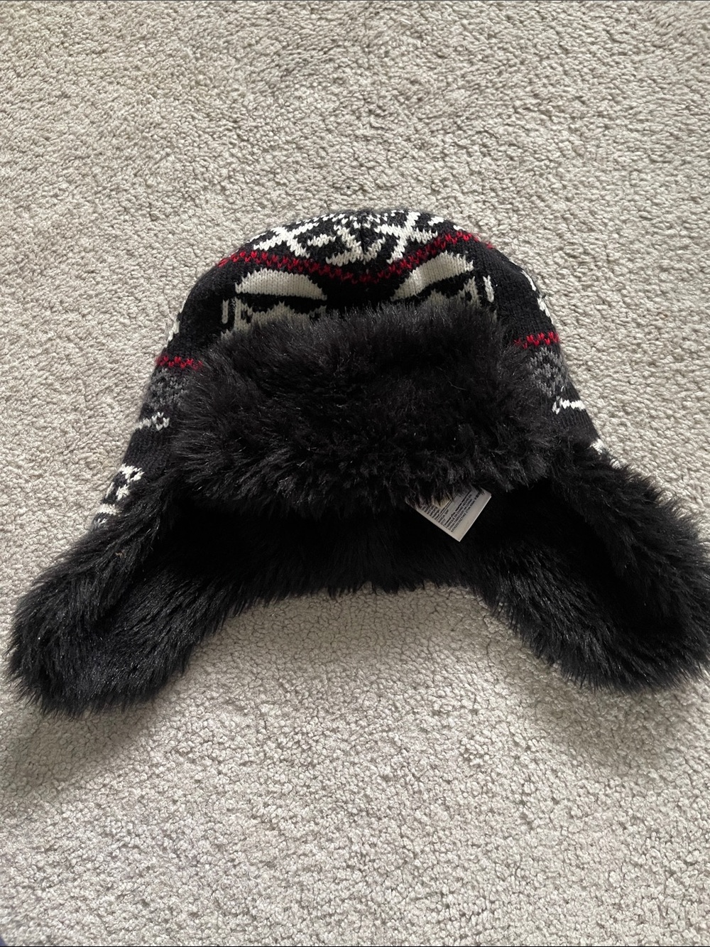 Gap Black Faux Fur Lined Star Wars Winter Trapper Hat with Fair Isle Accents